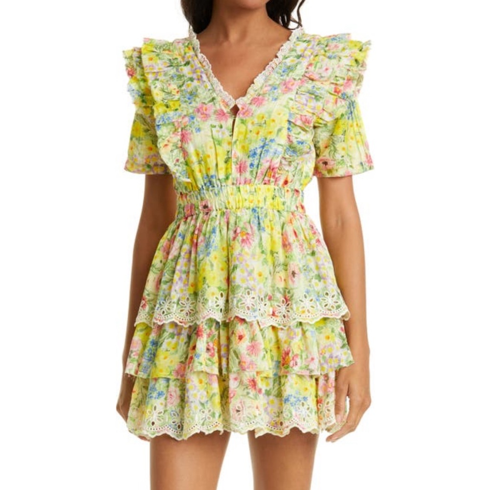 LoveShackFancy Aldina Ruffle Dress Yellow floral mini dress